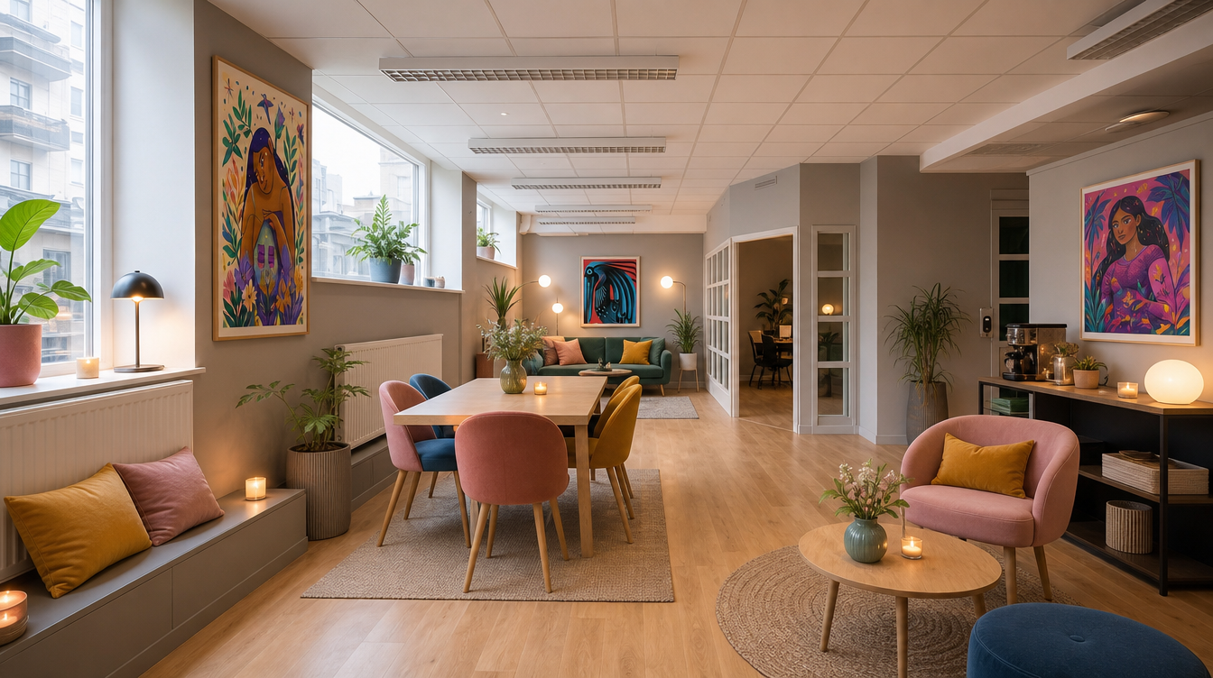 Bright Sorora Club interior with window seating, plants, colorful cushions and art